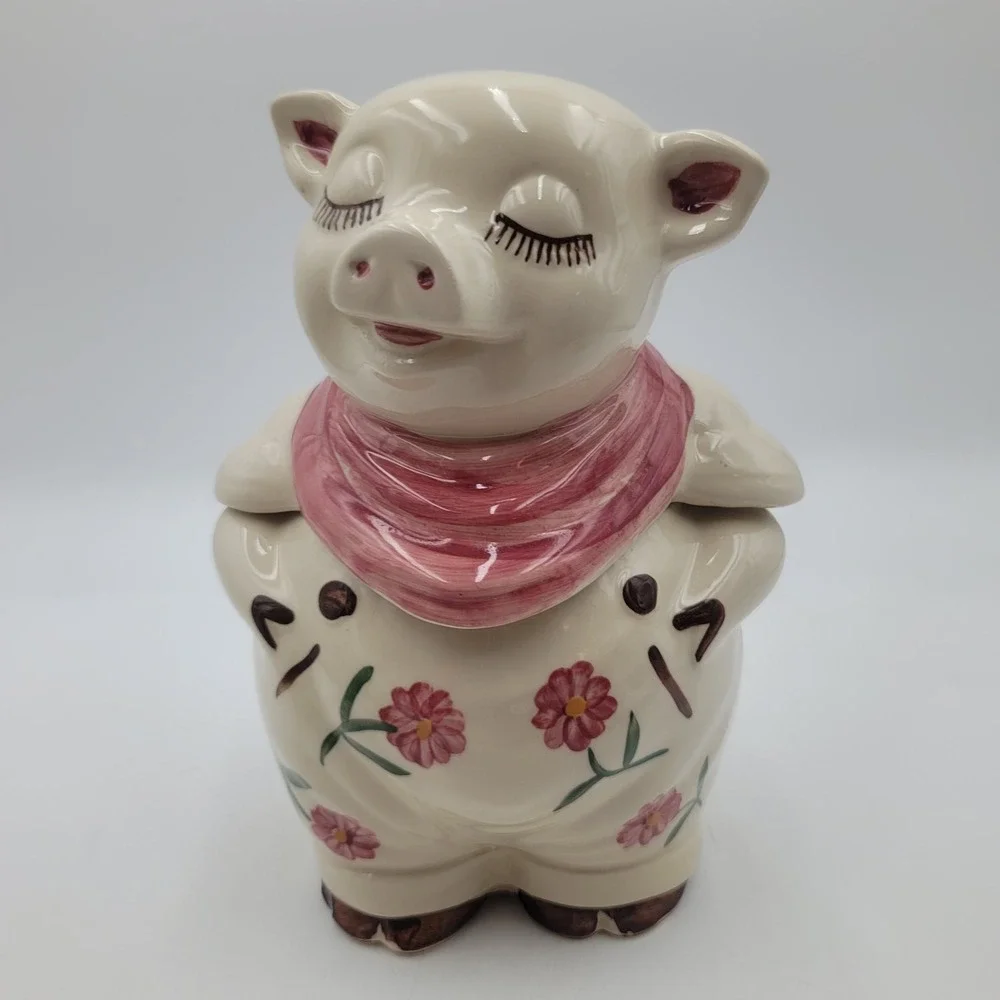 VTG Shawnee Smiley Ceramic Pig Cookie Jar Pink Chrysanthemum Floral Scarf CHIP